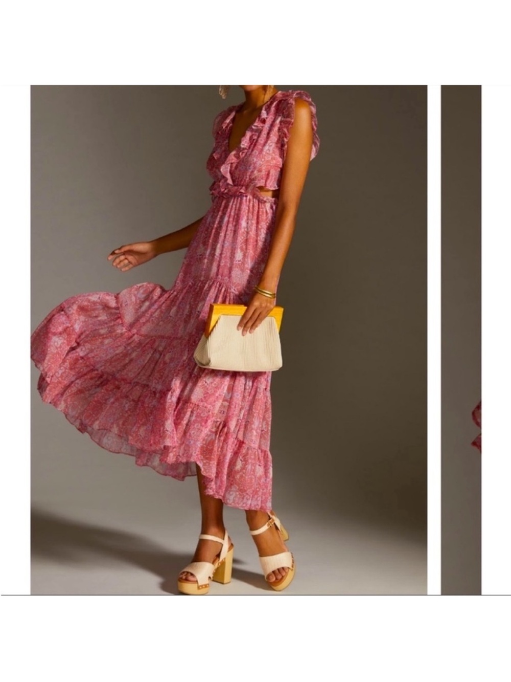 NEW Misa Los Angeles Natasha Side Cutouts Pink Paisley Ruffle Midi Dress Size S - Picture 9 of 10